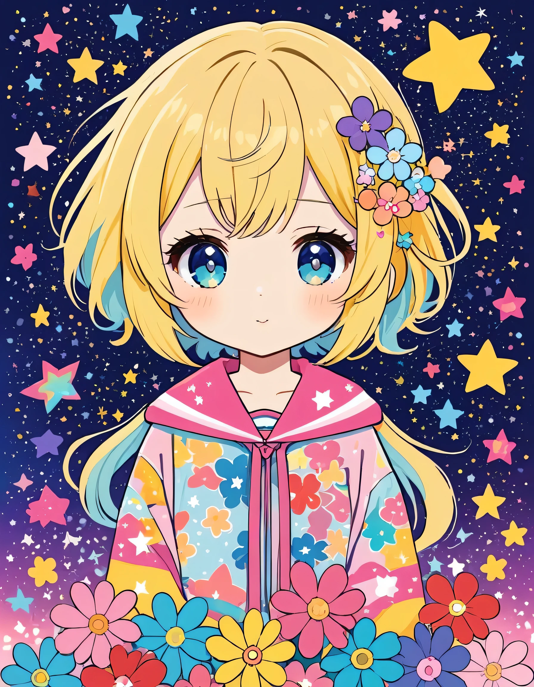 Mika Pikazo style, Simple Line Initialism，Abstract art，kawaii Design, (((The most kawaii girl of all time))), chibi, The background is star dust, colorful hearts, colorful flowers,