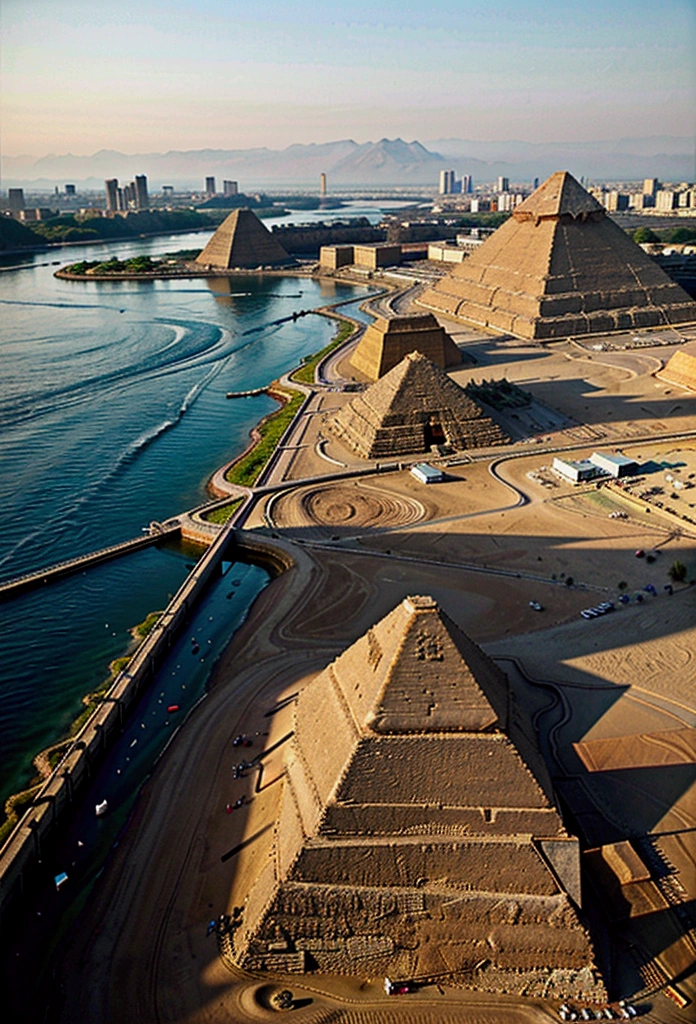 Show images of the Pyramids of Giza and the Nile River.