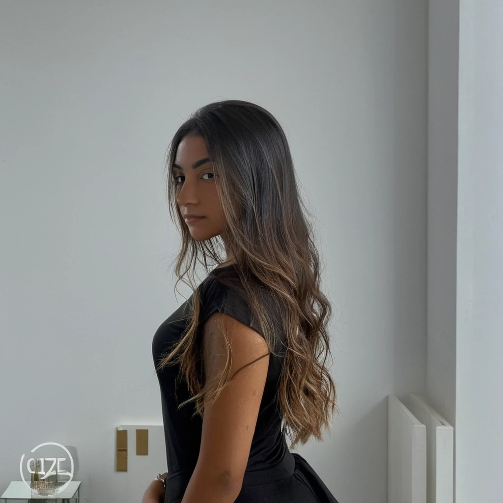 Un portrait photoréaliste d'une jeune fille colombienne de 21 ans avec de longs cheveux noirs et fluides et des yeux sombres et saisissants. Elle doit avoir une expression naturelle. L'arrière-plan doit être un cadre intérieur, peut-être une chambre ou un salon. Capturez cette image avec une photographie en haute résolution utilisant un objectif de 85 mm pour une perspective flatteuse.
