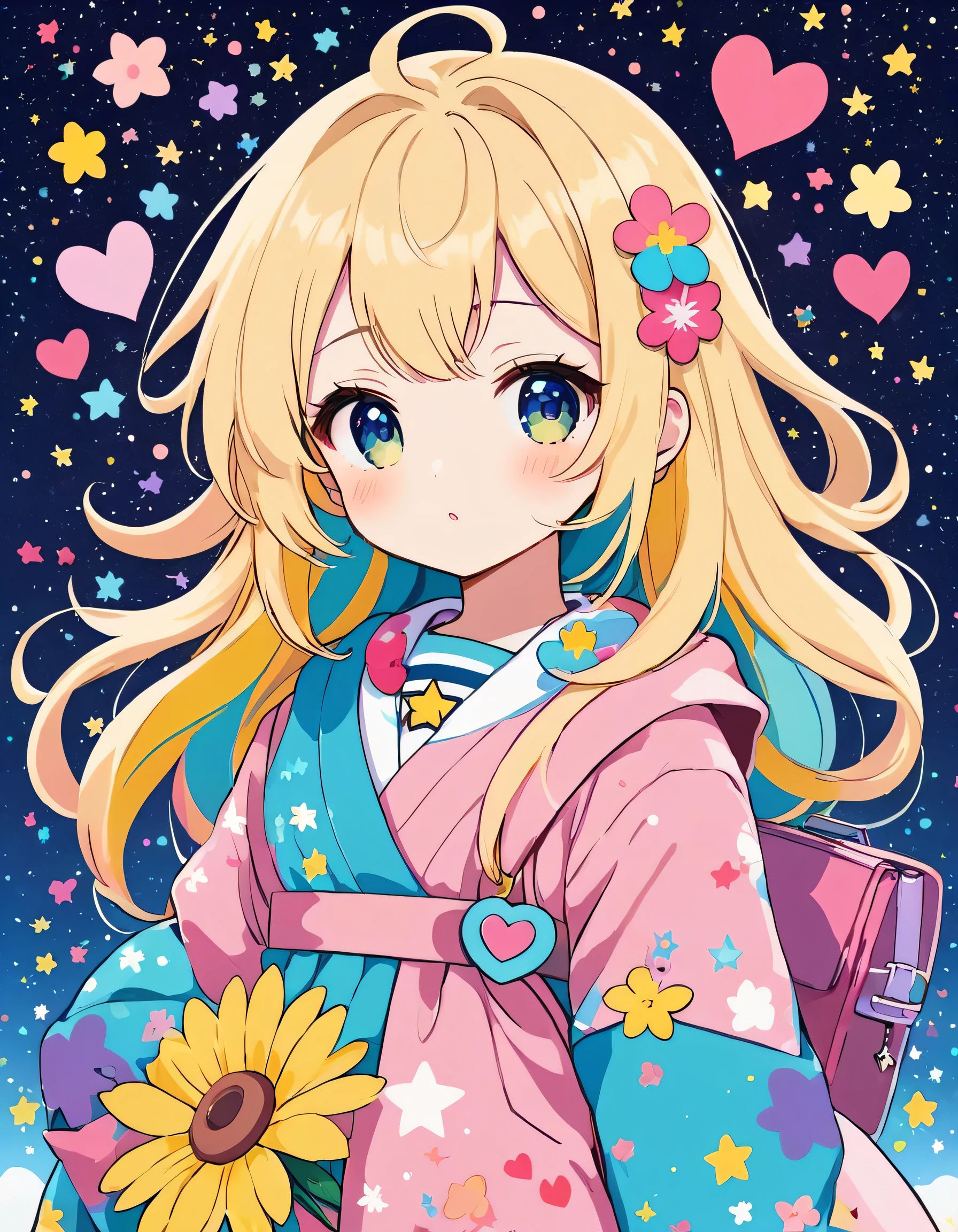 Mika Pikazo style, Simple Line Initialism,Abstract art,kawaii Design, (((The most kawaii girl of all time))), chibi, The background is star dust, colorful hearts, colorful flowers,