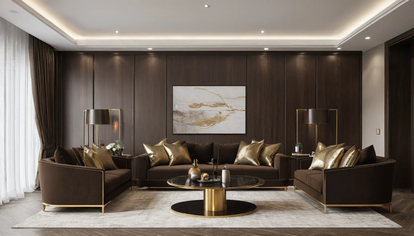 A highly detailed, high-resolution render of a luxurious living room featuring premium MDF furniture in rich coffee brown tones accented with striking gold highlights. The focus is on the coffee brown MDF sofa with plush cushions, highlighting its texture and design. Surround the sofa with a coffee brown MDF coffee table with golden legs and intricate detailing, along with a coffee brown MDF TV console with gold handles. Capture the elegant gold-accented artwork on the walls and the modern recessed ceiling lights, ensuring a sharp, clear image with depth of field (DOF) to emphasize the luxury and opulence of the space. Ensure the flooring is visible, showcasing the dark hardwood.
