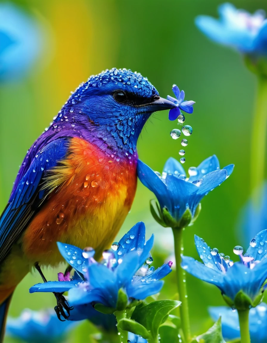 A small, beautiful rainbow-colored bird is sucking nectar from blue flower big flowers blooming There were water droplets everywhere in the morning. The real picture is sharp and clear, taken from a distance. A lot with a clear 8 K camera.