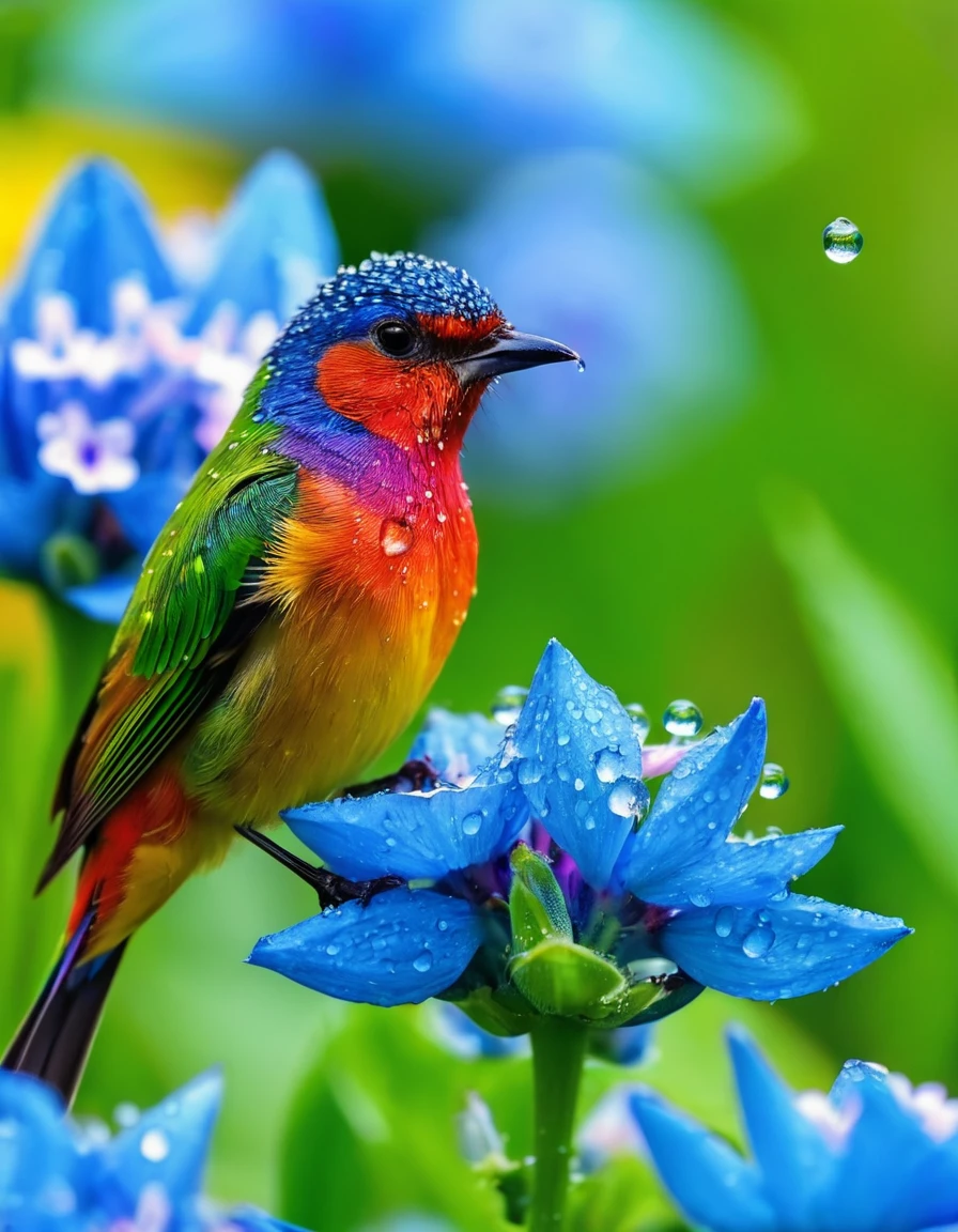 A small, beautiful rainbow-colored bird is sucking nectar from blue flower big flowers blooming There were water droplets everywhere in the morning. The real picture is sharp and clear, taken from a distance. A lot with a clear 8 K camera.