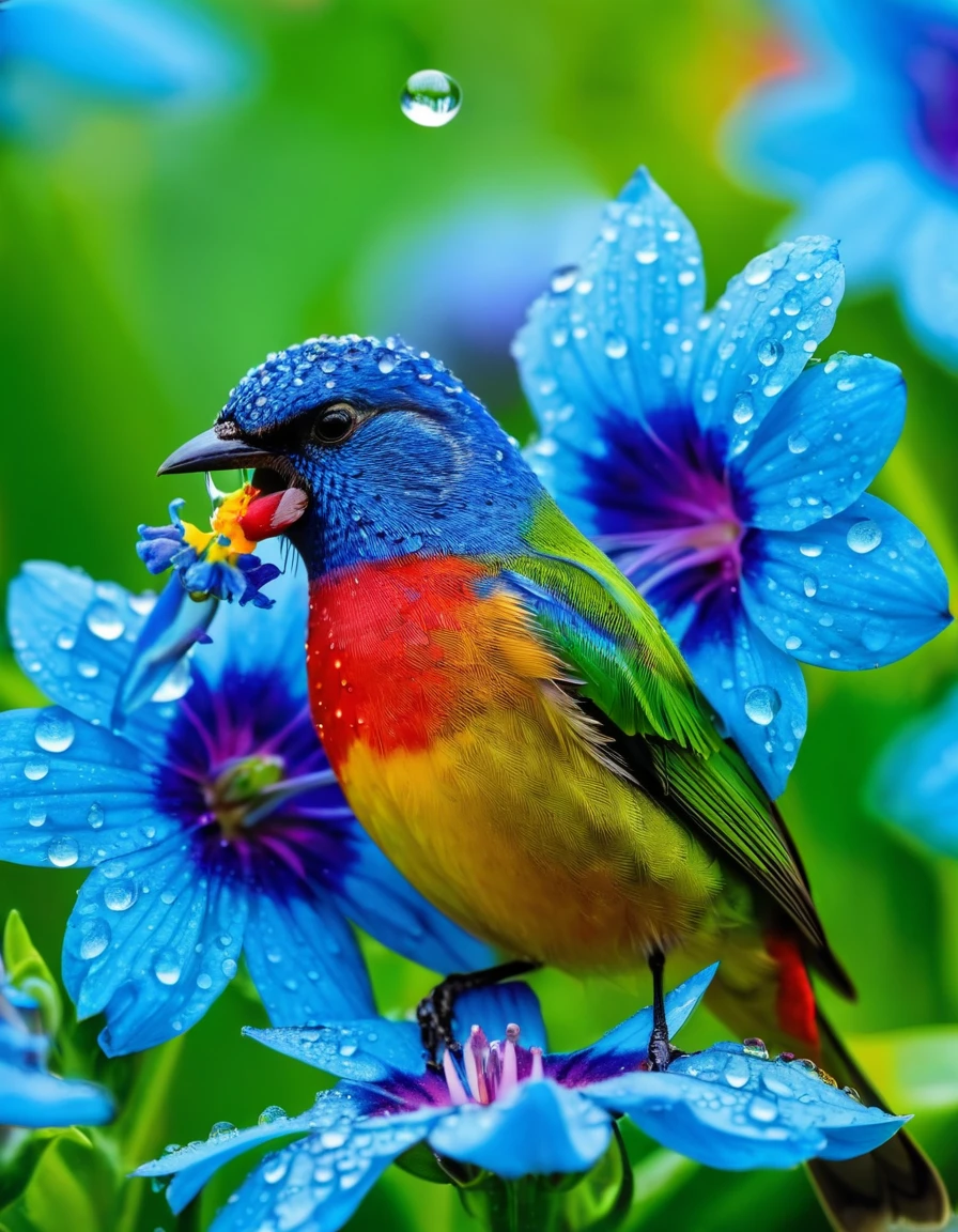 A small, beautiful rainbow-colored bird is sucking nectar from blue flower big flowers blooming There were water droplets everywhere in the morning. The real picture is sharp and clear, taken from a distance. A lot with a clear 8 K camera.