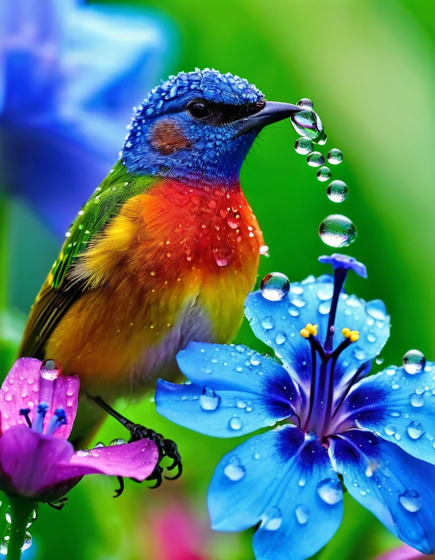 A small, beautiful rainbow-colored bird is sucking nectar from blue flower big flowers blooming There were water droplets everywhere in the morning. The real picture is sharp and clear, taken from a distance. A lot with a clear 8 K camera.