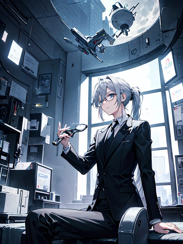 （Mastepiece）（High definition）Male android in his 20s、Gray Hair、ponytail、hat、Tuxedo、tie、Wearing round rimless glasses、Sitting、background（A science fiction-like electronic world、A space that feels like the inside of a machine、Virtual space、Near future、I can see the full moon outside my window）