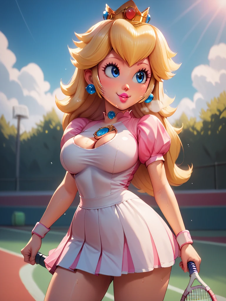 score_9, score_8_up, score_7_up, score_6_up, score_5_up, score_4_up, (princess peach), (front view), (oily skin), (long blonde hair), very large breasts, (white sportive shirt), ((deep cleavage)), (white tennis skirt), (cute white panties), sexy curves, big head, (solo), playing tennis, holding tennis racket, hitting tennis ball, pink lips, (blue eyes), looking to the side, concentrated expression, kissing expression, smiling, cute expression, sweating, heavy breathing (tennis ground background)