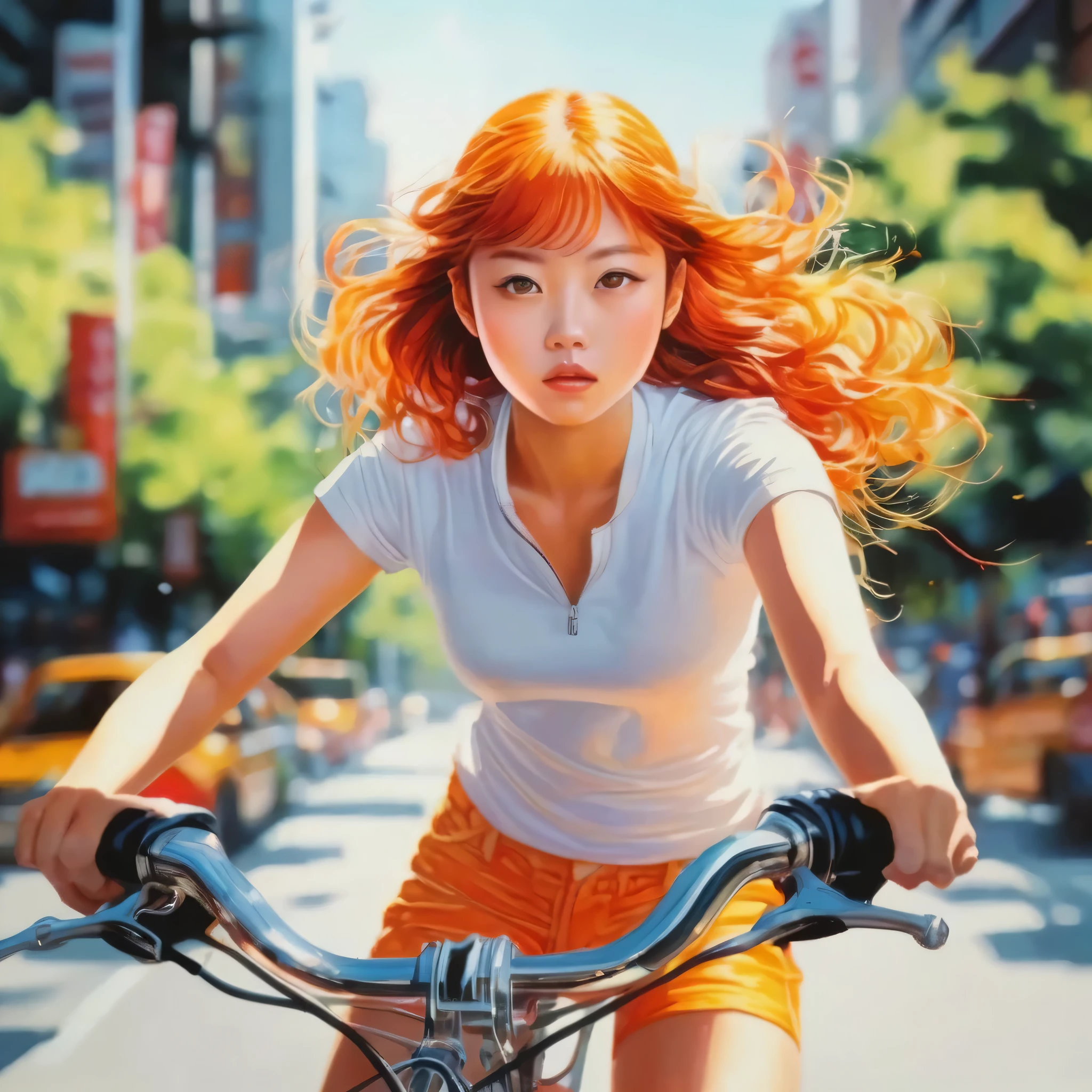 artwork:Katsuhiro Otomo 8km race, High resolution, A complex and intricate masterpiece, (Summer vacation:1.2), (Girl riding a bike:1.1)、Beautiful Face、transparent, Glowing black eyes, Bike and brown eyeball, Medium Shot, Orange Hair, Organic Shapes, Hard Edge, Anatomically correct body,  Ultra-realistic, Retro Bike Elegant,Cinema Lighting, Very detailed, Vibrant colors, Octane Rendered Cat, Unreal atmosphere, Award-winning works, Bright and rich colors, iridescent accents, Dramatic Shadows,Dynamic and atmospheric lighting, Anamorphic Lens, Sharp focus, 
An intricate and detailed masterpiece by Katsuhiro Otomo, Katsuhiro Otomo STYLE, Pop Surrealism, watercolor , Kanna Hashimoto