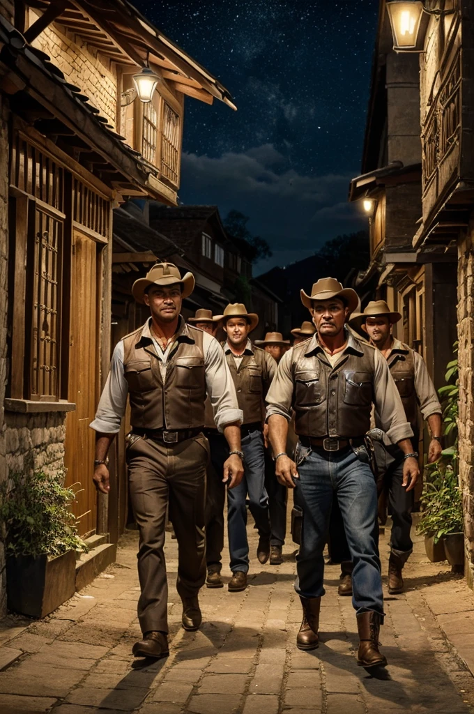 ((best quality)), ((masterpiece)), (detailed), perfect face a group of village people robberers entering into a village street in the night


