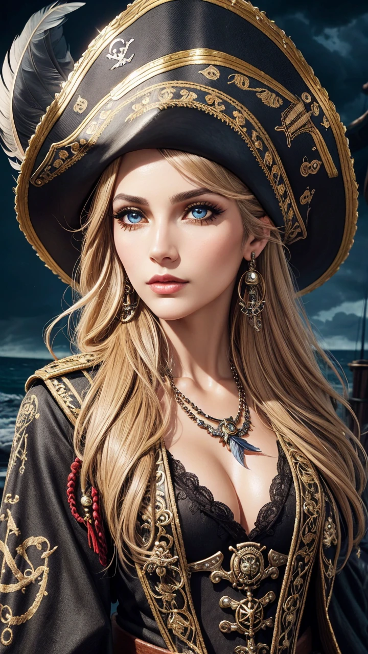 beautiful female pirate with hat, pirate captain, detailed face, beautiful eyes, full lips, long eyelashes, ornate pirate hat, feather in hat, intricate pirate outfit, embroidered coat, shiny jewelry, holding sword, stormy sea background, dramatic lighting, cinematic, vibrant colors, highly detailed, photorealistic