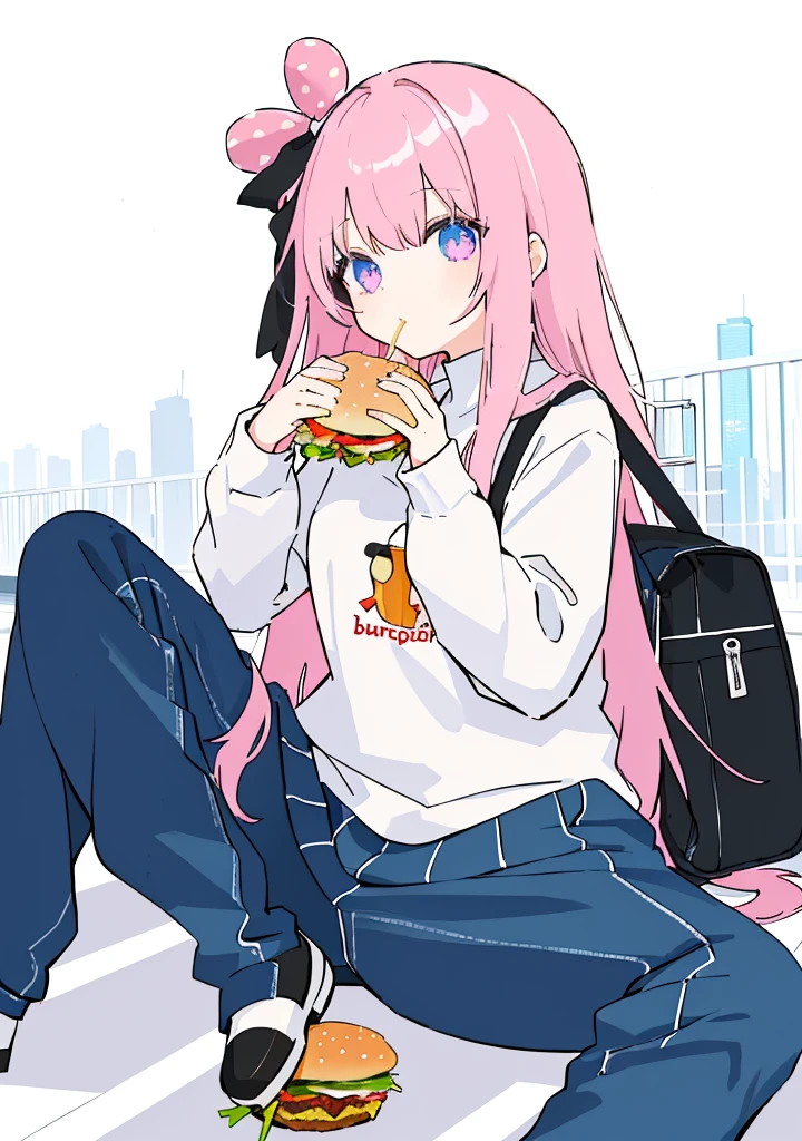 anime girl sitting on the ground eating a hamBurger and soda, eating Burgers, eating a Burger, eating a hamBurger, I&#39;ll make fan art too, devours a hamBurger, female protagonist 👀 :8, Tsk tsk, serving Burgers, OC commission, good ), She has a jiggly, fat, round belly, Burger, akane owari danganronpa, eating a cheeseBurger,(big bust:1.5), (Black eyes with a slight purple tint:1.5), (Very white and long hair with a bluish tint, weak perm:1.5), (white sleeves wrapped around arms, oversized white shirt, oversized white shirt:1.5), (bare foot, round-rimmed glasses:1.5), (Belly Fat, muffin top, plump:1.5), (smiling faintly:1.5),