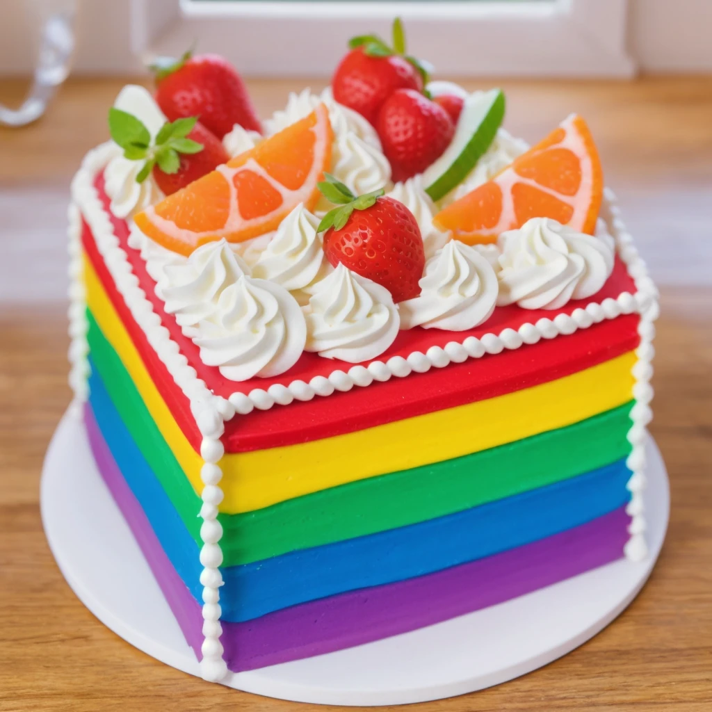 on a wooden table, on a porcelain plate, a tiny cream rainbow cake, with cream lines drawn on its edges, white cream swirls, tiny strawberries, oranges and watermelon slices made of polymer clay on the cake, window light, bright lights, soft light, window light, professional lighting, light from the window, neat light, realistic texture, realistic style, detailed texture, high quality, high resolution, high quality rendering, realistic photo, brightning light, macro photo