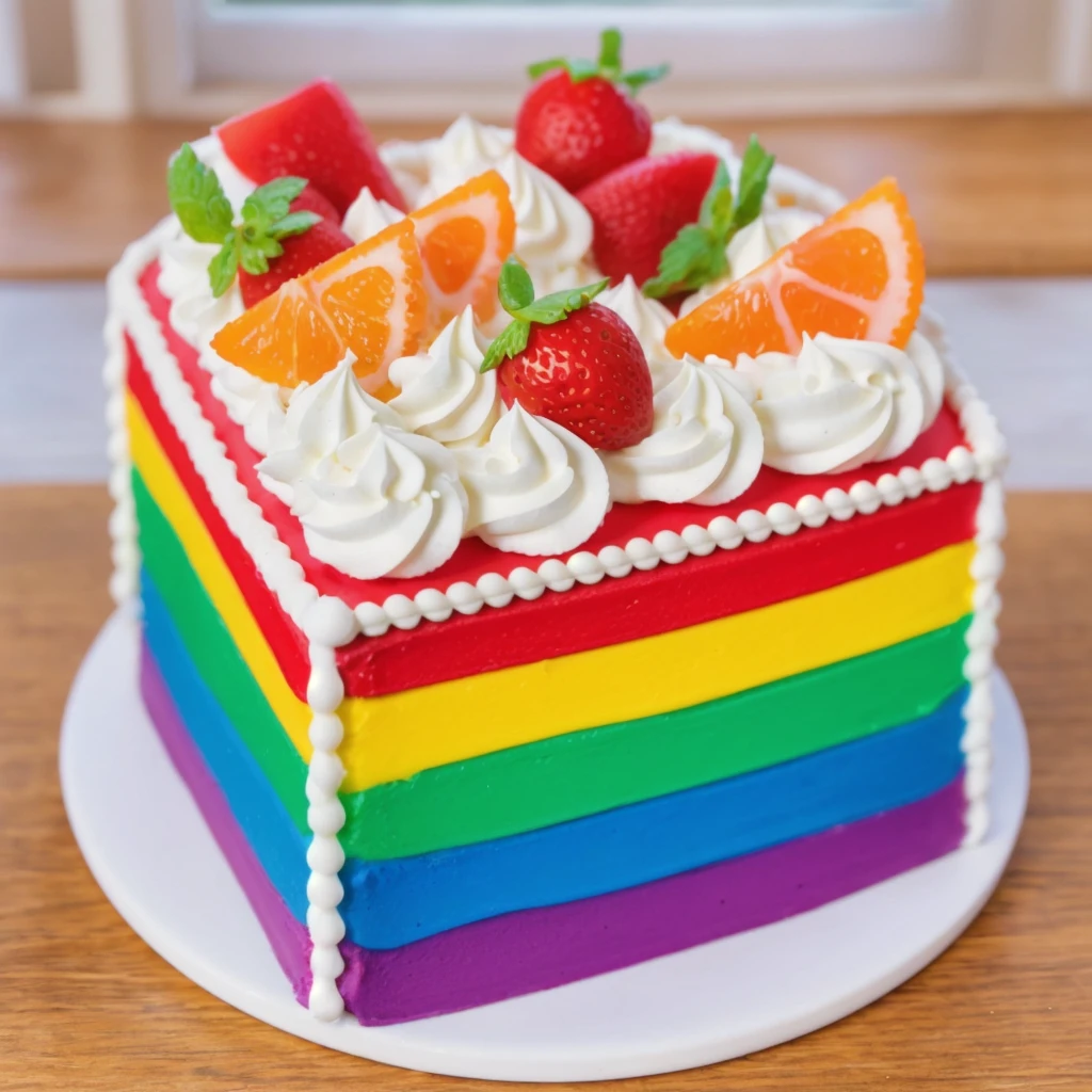 on a wooden table, on a porcelain plate, a tiny cream rainbow cake, with cream lines drawn on its edges, white cream swirls, tiny strawberries, oranges and watermelon slices made of polymer clay on the cake, window light, bright lights, soft light, window light, professional lighting, light from the window, neat light, realistic texture, realistic style, detailed texture, high quality, high resolution, high quality rendering, realistic photo, brightning light, macro photo