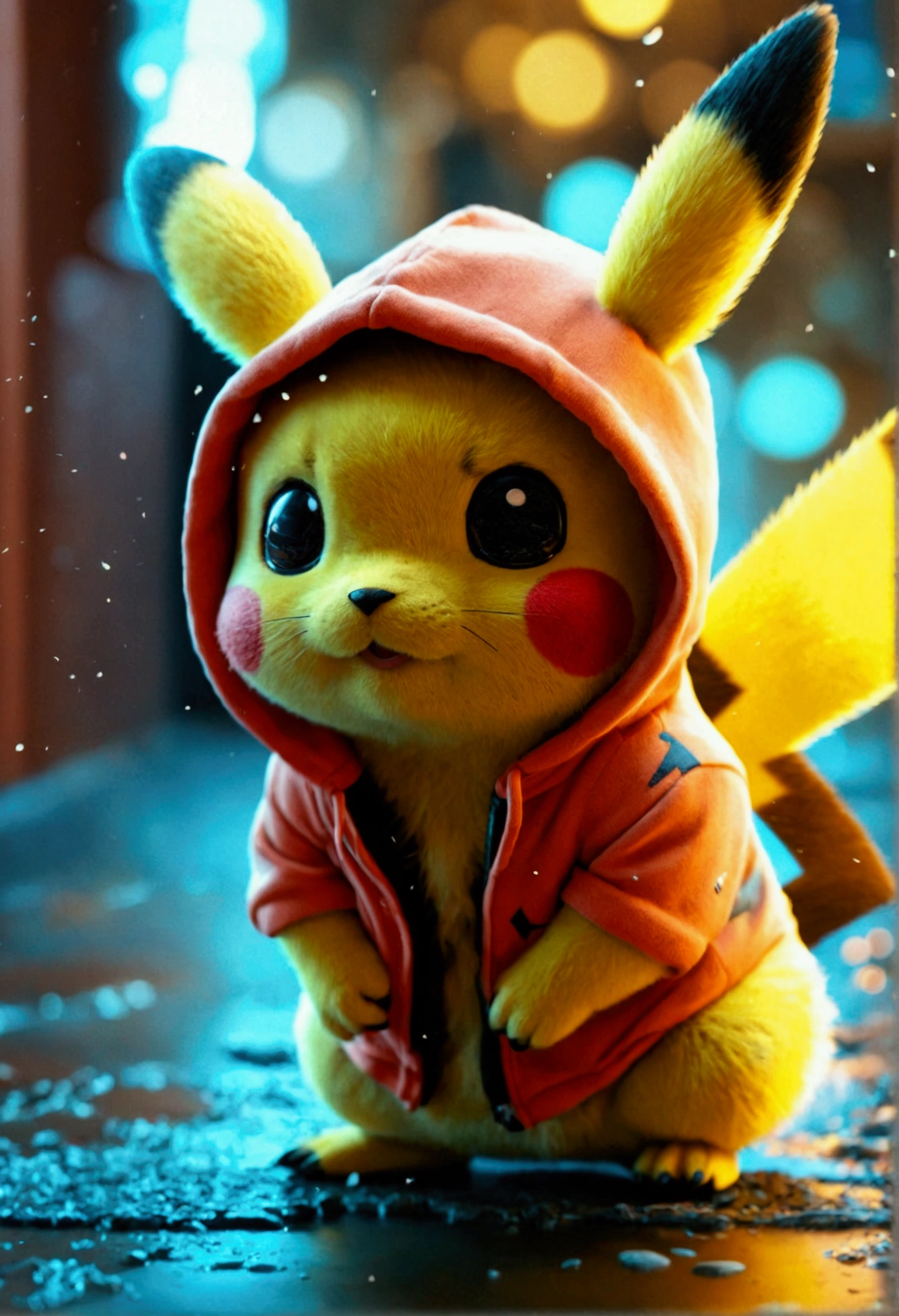 Pikachu wearing hoodie and black pants