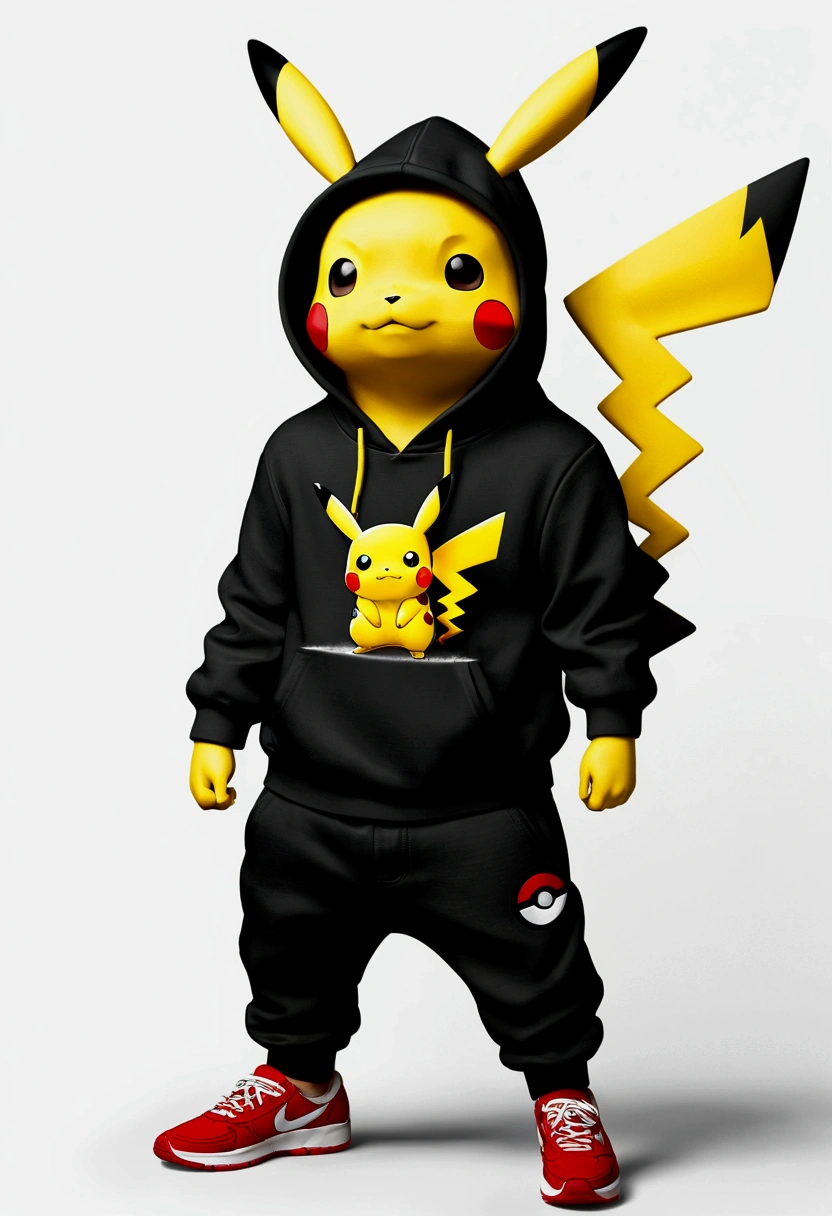 Pikachu wearing hoodie and black pants