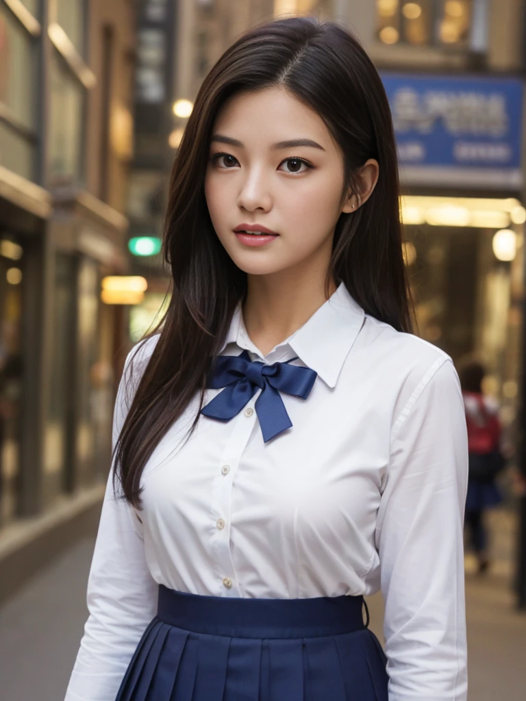 ((super high quality、High resolution、masterpiece、 Anatomically correct、Super detailed photos、Ultra-realistic photos、 Highest quality))、(2girs)、looking at viewer、Night cityscape、Uninhabited downtown、Walk over here、(cowboy shot)、(school uniform:1.2)、white formal shirt、((from front))、(huge breast)、Small waist、Detailed face、Perfect figure、Brown Hair、Medium Hair