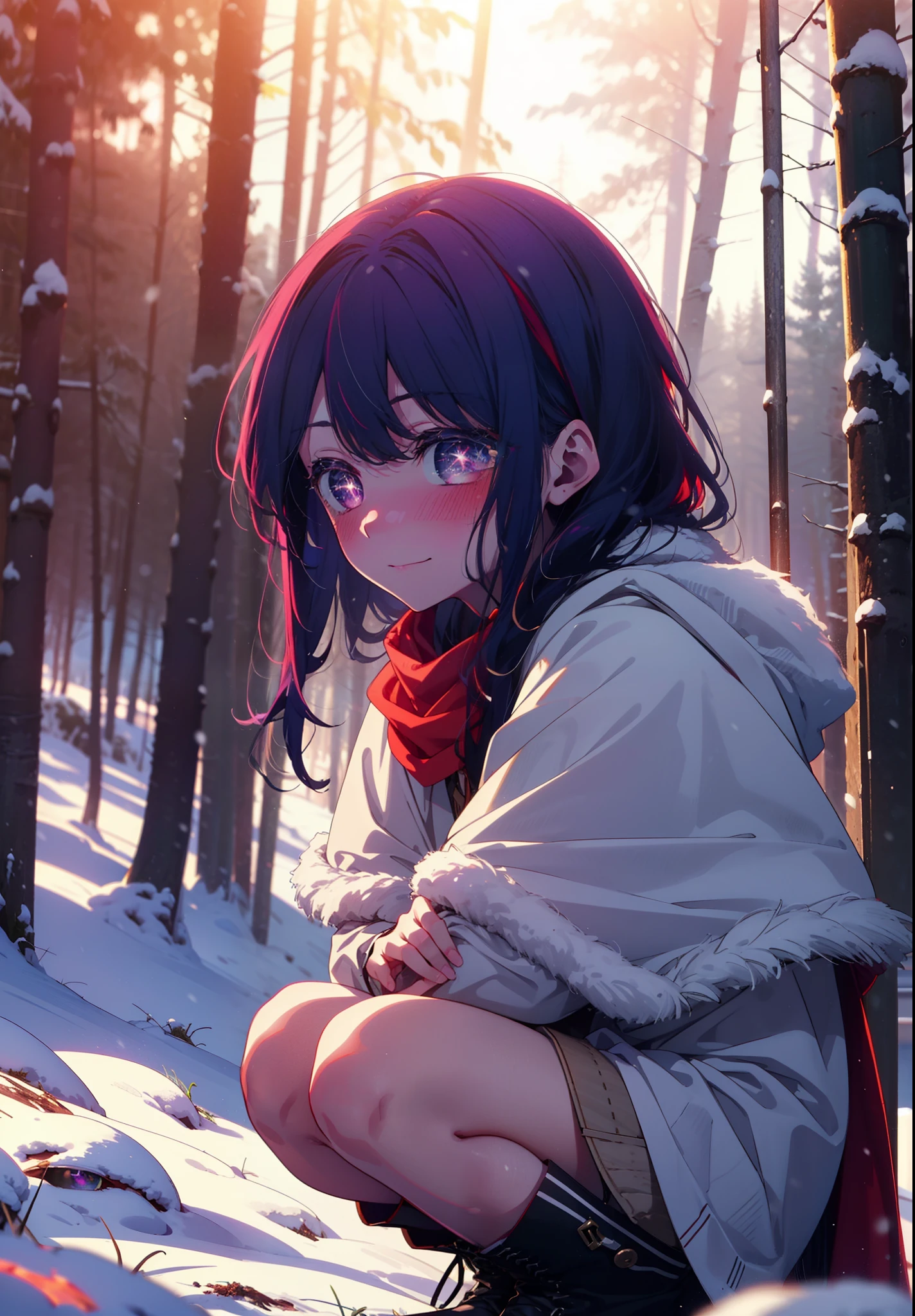 aihoshino, Ai Hoshino, Long Hair, bangs, (Purple eyes:1.1), Purple Hair, (Symbol-shaped pupil:1.5), smile,,smile,blush,White Breath,
Open your mouth,snow,Ground bonfire, Outdoor, boots, snowing, From the side, wood, suitcase, Cape, Blurred, , forest, White handbag, nature, Squat, Mouth closed, Cape, winter, Written boundary depth, Black shoes, red Cape break looking at viewer, Upper Body, whole body, break Outdoor, forest, nature, break (masterpiece:1.2), Highest quality, High resolution, unity 8k wallpaper, (shape:0.8), (Beautiful and beautiful eyes:1.6), Highly detailed face, Perfect lighting, Extremely detailed CG, (Perfect hands, Perfect Anatomy),