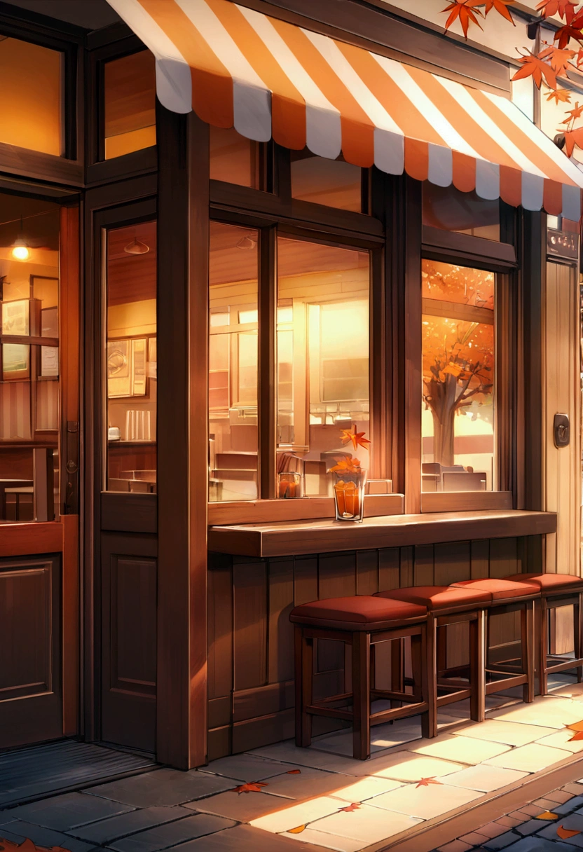 The image depicts a charming, cozy café on a quiet street corner during autumn. The central focus is on the warmly lit café with its inviting orange and red hues. The café has a striped awning, and its windows glow warmly, reflecting the light from inside. Outside the café, there are a few wooden chairs and tables, some of which are empty, while others have fallen autumn leaves scattered on them.
