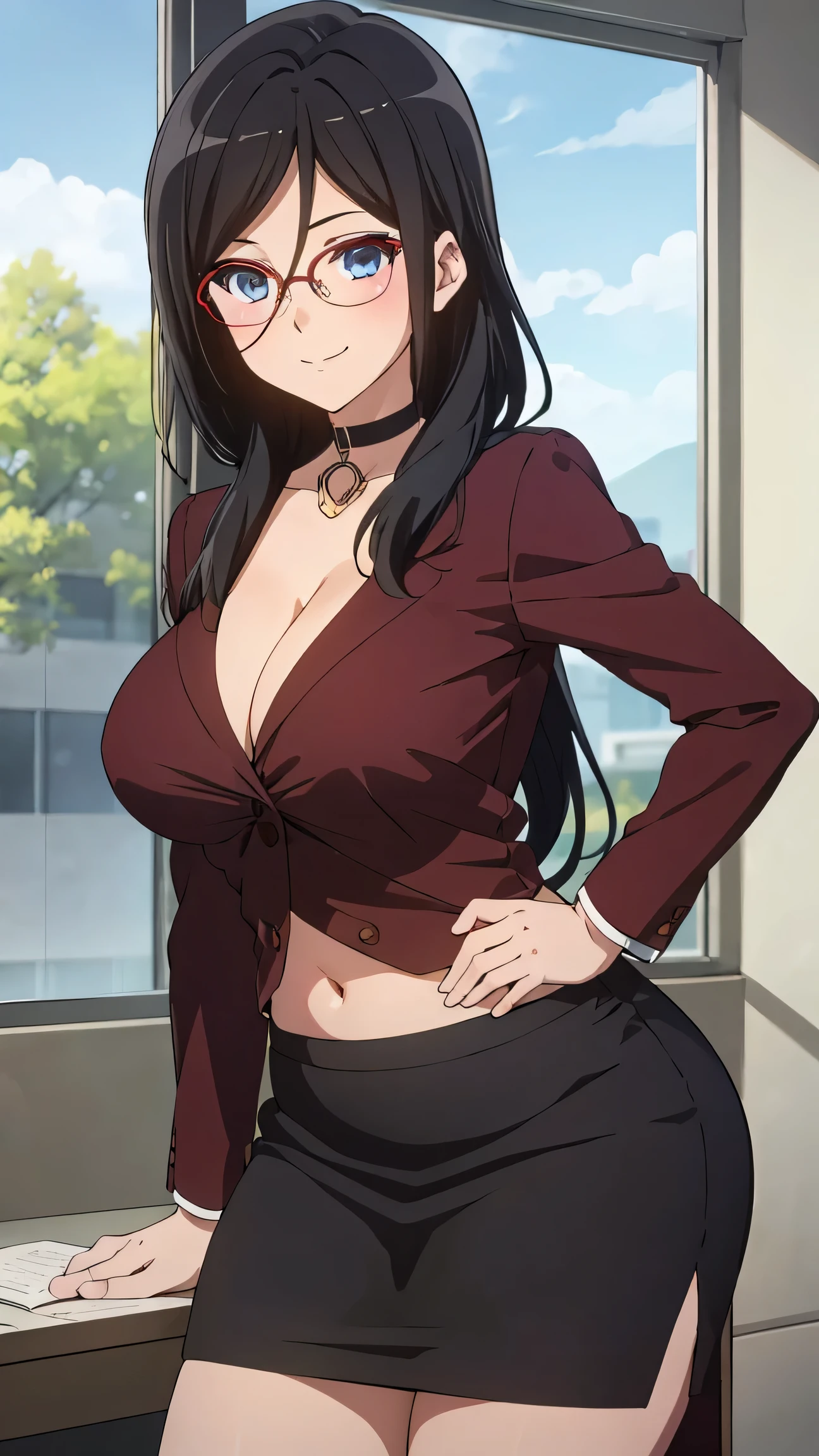 solo, 1girl, looking at viewer, sketch, flat colors, 2D, anime, anime coloring , asuka tanaka, large breast, long hair, black hair , mature woman, 20y, purple eyes, beautiful eyes, detailed eyes, thick_thighs, shirt, skirt, pencil skirt, office, office lady, short skirt, blush, smile, choker, navel, cleavage, short shirt