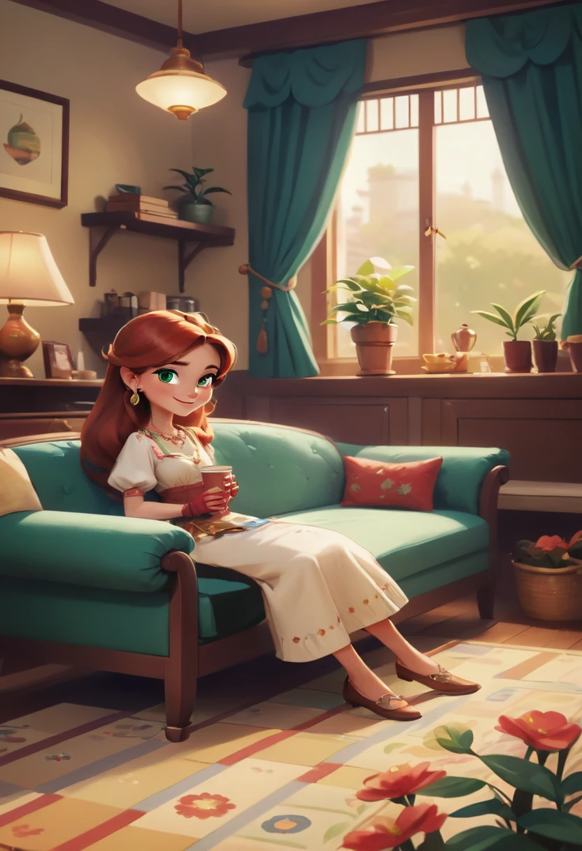 Concept Art,character illustration of a,European and American cartoons,(whole body:1.5),Mid-Long View,carpet,(Looking at the camera),shoe,一个20岁的金发女生happy的sit在living room,Holding a cup of coffee,happy,A laid-back expression,Relax,Leisure,European and American cartoons,1 Girl,freckle,Solitary,Jewelry,Green Eyes,Weaving,earrings,twin Weavings,necklace,Looking at the audience,Red hair,plant,Puff sleeves,bracelet,Smile,Long hair,puffy short sleeve,Necklace,dress,flower,Coffee cup,Gloves,earrings,Jewelry,肘部Gloves,cup,sit,sofa,window,sofa,living room,solo,Looking at the camera,Look at the audience,
