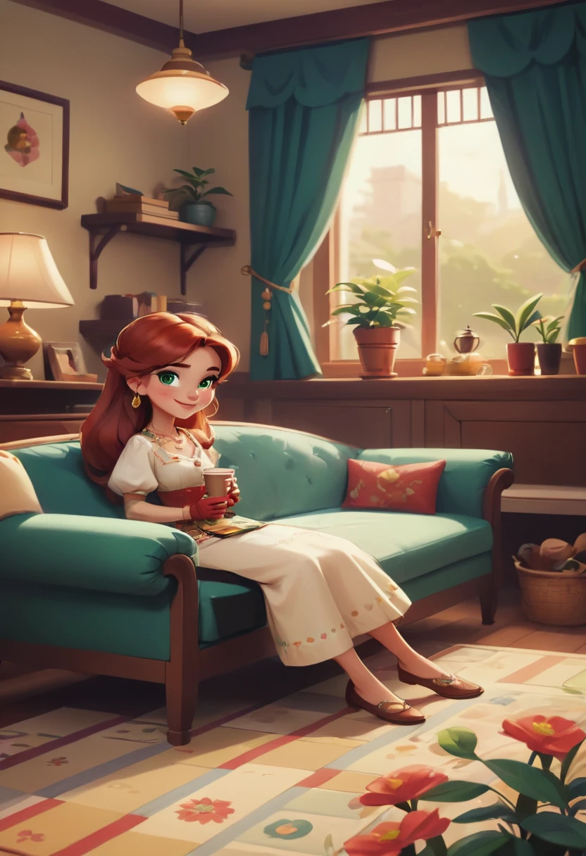 Concept Art,character illustration of a,European and American cartoons,(whole body:1.5),Mid-Long View,carpet,(Looking at the camera),shoe,一个20岁的金发女生happy的sit在living room,Holding a cup of coffee,happy,A laid-back expression,Relax,Leisure,European and American cartoons,1 Girl,freckle,Solitary,Jewelry,Green Eyes,Weaving,earrings,twin Weavings,necklace,Looking at the audience,Red hair,plant,Puff sleeves,bracelet,Smile,Long hair,puffy short sleeve,Necklace,dress,flower,Coffee cup,Gloves,earrings,Jewelry,肘部Gloves,cup,sit,sofa,window,sofa,living room,solo,Looking at the camera,Look at the audience,