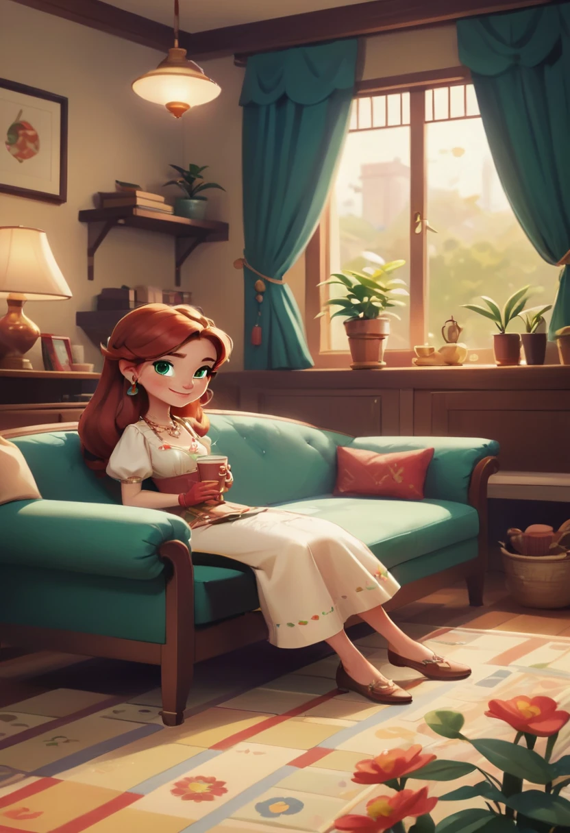 Concept Art,character illustration of a,European and American cartoons,(whole body:1.5),Mid-Long View,carpet,(Looking at the camera),shoe,一个20岁的金发女生happy的sit在living room,Holding a cup of coffee,happy,A laid-back expression,Relax,Leisure,European and American cartoons,1 Girl,freckle,Solitary,Jewelry,Green Eyes,Weaving,earrings,twin Weavings,necklace,Looking at the audience,Red hair,plant,Puff sleeves,bracelet,Smile,Long hair,puffy short sleeve,Necklace,dress,flower,Coffee cup,Gloves,earrings,Jewelry,肘部Gloves,cup,sit,sofa,window,sofa,living room,solo,Looking at the camera,Look at the audience,