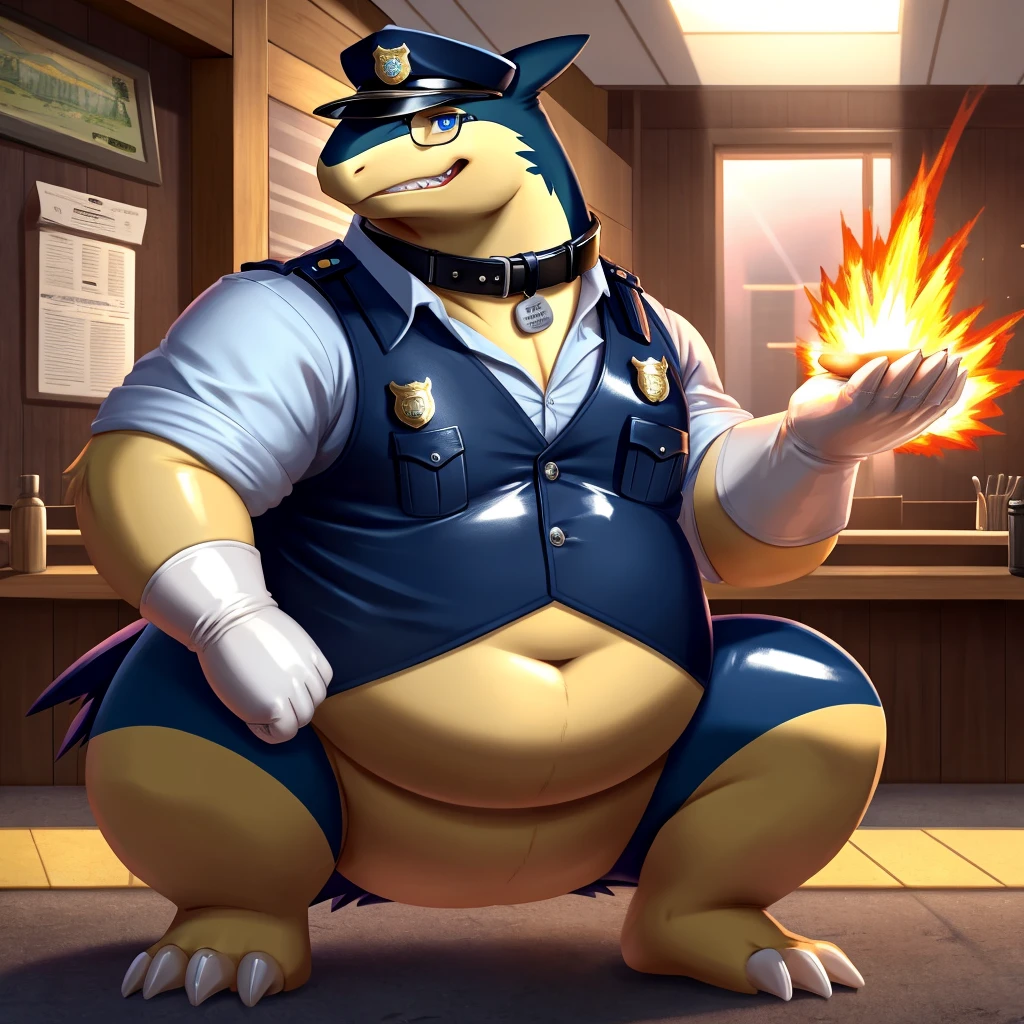 Solo, Male, fat, squatting, extremely obese, gentleman, dapper Typhlosion, blue eyes, (soft shading), 4k, hi res, ((detailed face, detailed)), looking at viewer, evil grin, police station, collared shirt with buttons, hat, male focus, Police Uniform, glasses, monocle, vest with buttons, sleeves rolled up, round eyewear, headwear, vest, Typhlosion is wearing a glossy leather dog collar around the neck, Typhlosion is wearing the leather collar and shirt and vest at the same time, Typhlosion is wearing glossy white rubber gloves on the hands, wearing white rubber gloves on the feet, gloves are rubber in texture, clenching teeth, clenching fists, leather collar is glossy and shiny with a lot of detail, Typhlosion is wearing gloves and leather collar at the same time, leather collar has a round dog-tag, leather collar is thick and detailed, white rubber gloves on the feet.