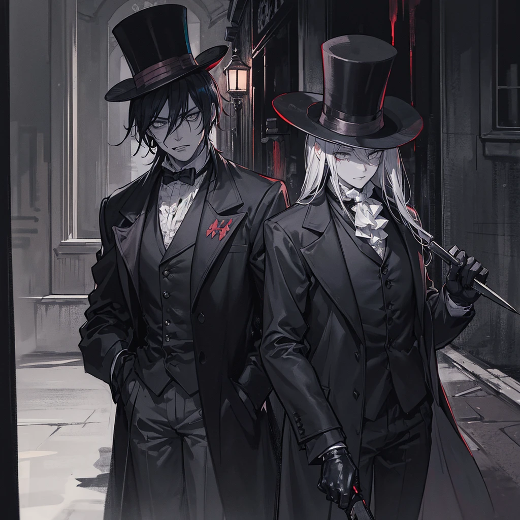 a sinister man in a dark alley, wearing a long coat and a top hat, holding a bloody knife, dark and gloomy atmosphere, chiaroscuro lighting, moody colors, cinematic composition, hyper detailed, ultra-realistic, dramatic, 1 man, horror, crime scene, 19th century london