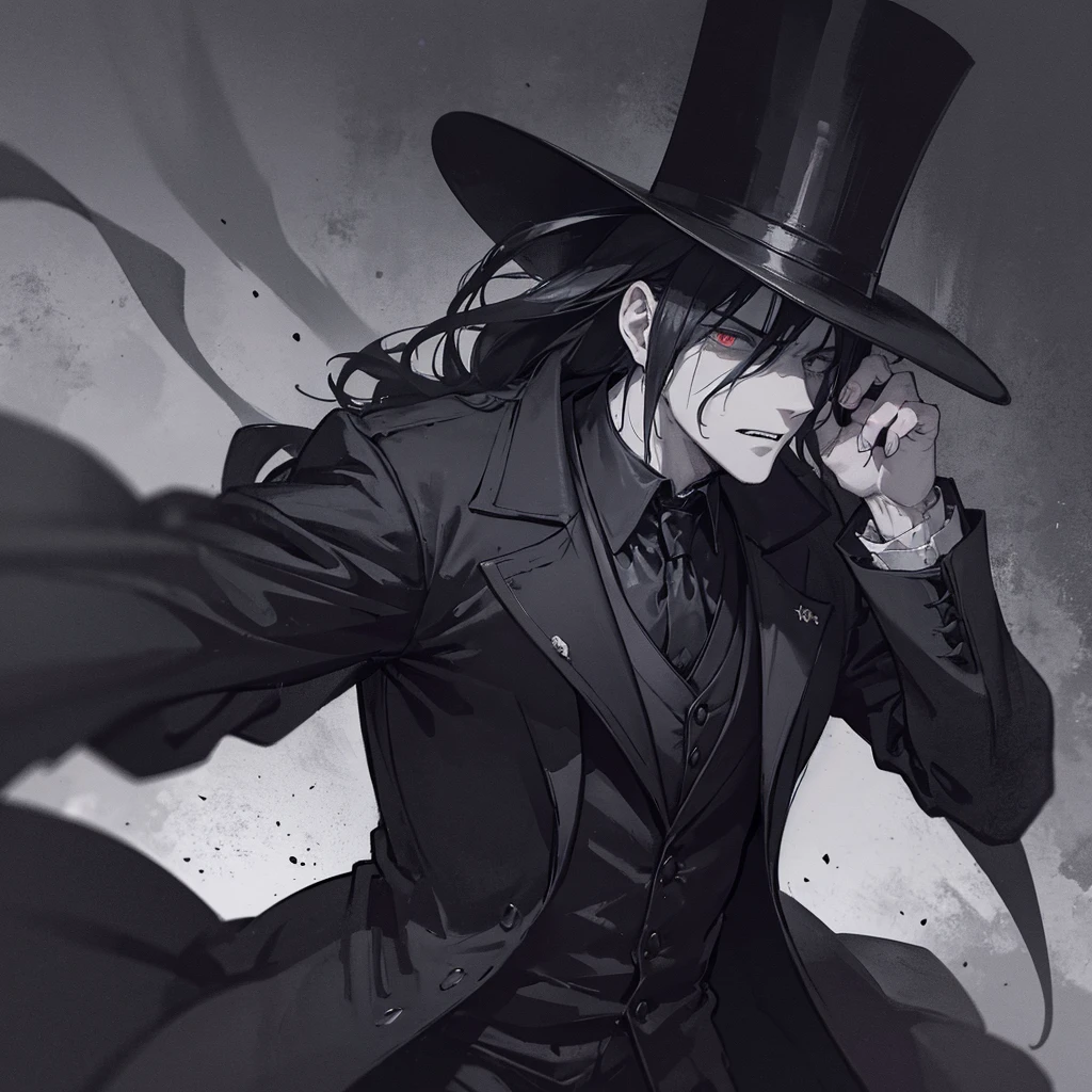 a sinister man in a dark alley, wearing a long coat and a top hat, holding a bloody knife, dark and gloomy atmosphere, chiaroscuro lighting, moody colors, cinematic composition, hyper detailed, ultra-realistic, dramatic, 1 man, horror, crime scene, 19th century london