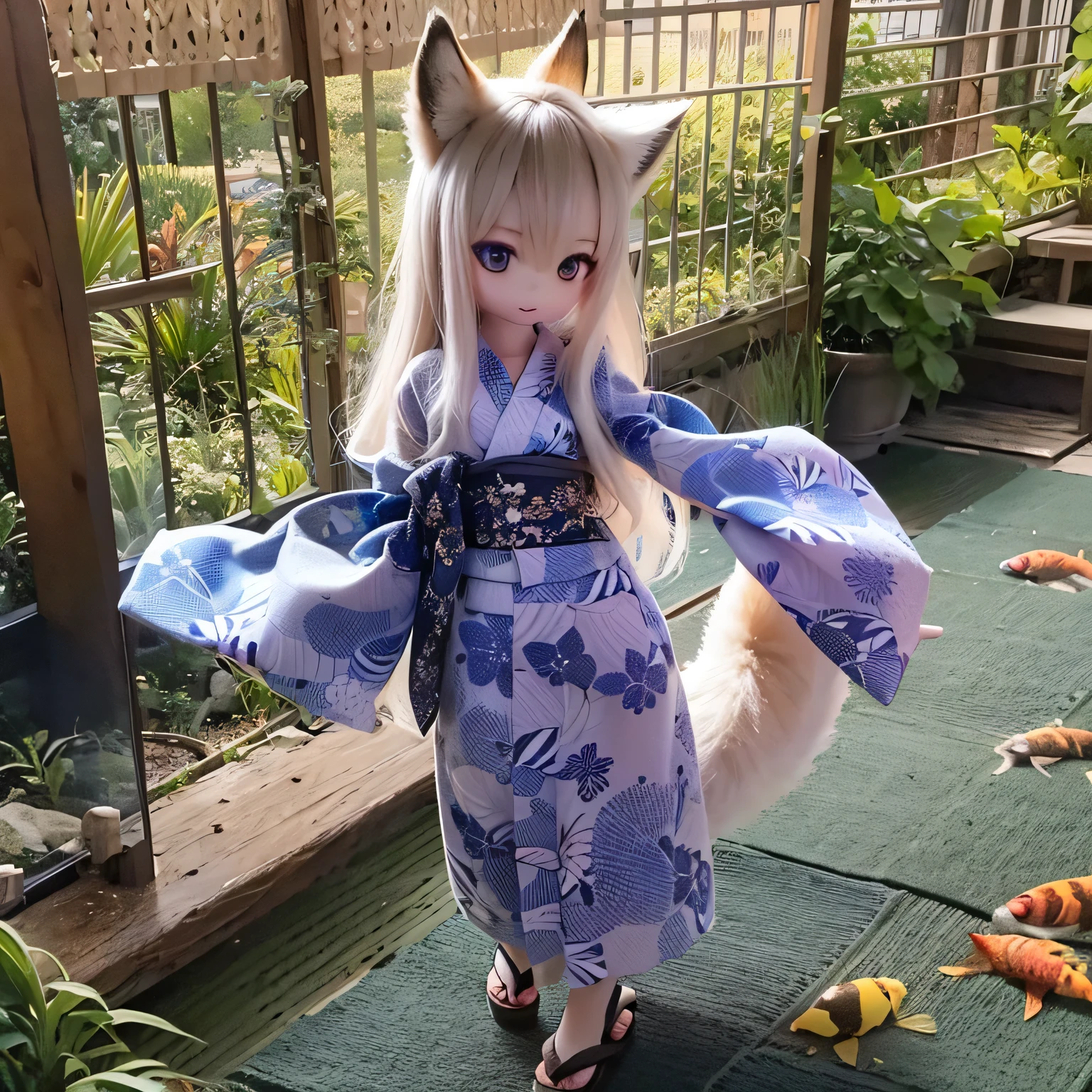 a cute chibi fox girl in a traditional japanese inn, wearing a beautiful floral yukata, running through a peaceful garden with lush foliage, colorful flowers, and a small pond with koi fish, detailed facial features, intricate yukata pattern, soft lighting, pastel colors, vibrant, photorealistic, 8k, highly detailed, masterpiece, studio lighting, cinematic composition