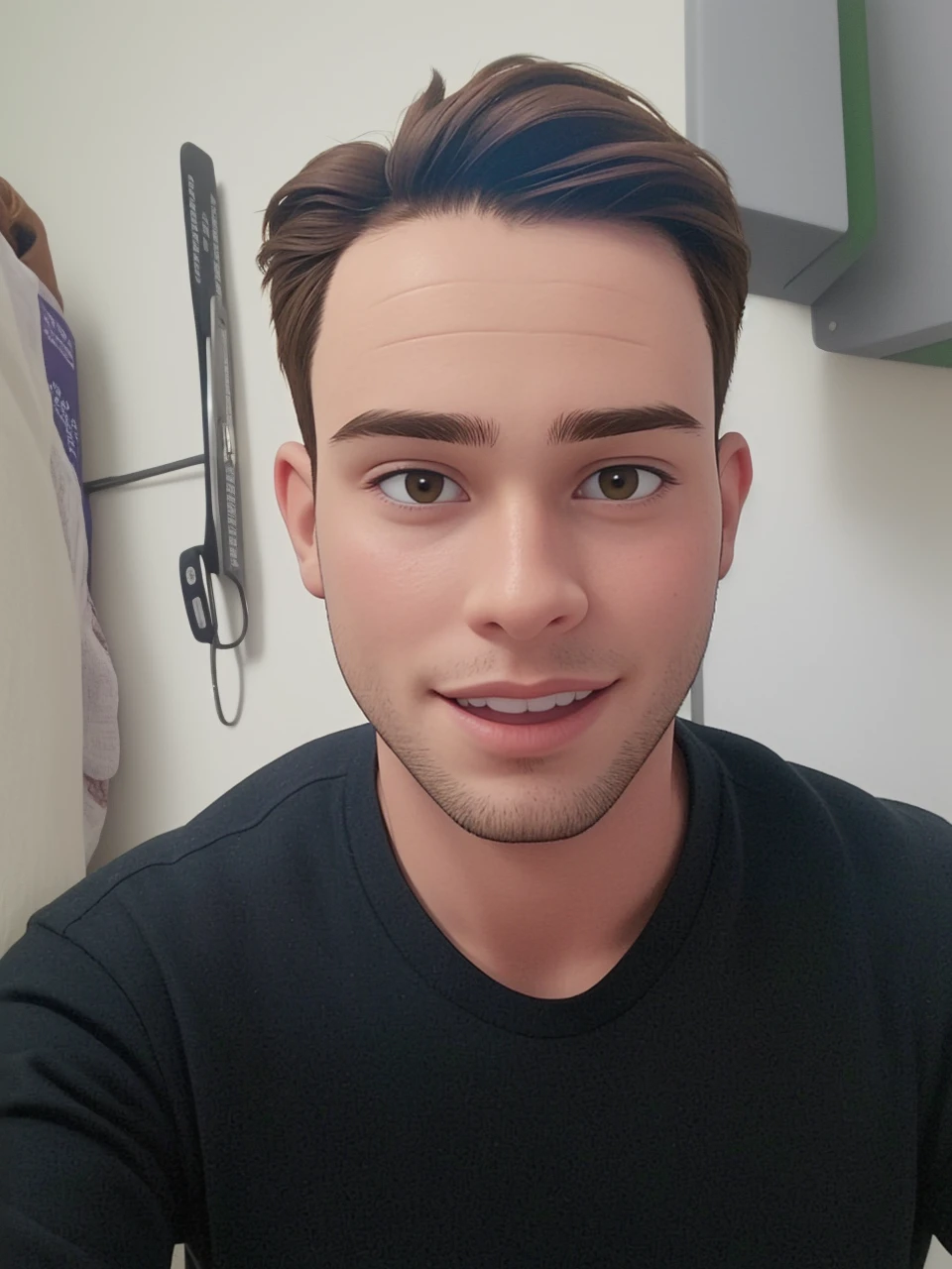 Raise a 30 year old man, glad, without glasses, with a green credit card in hand, Green shirt and jeans, chestnut hair, eyes browns, flawless looking at the screen