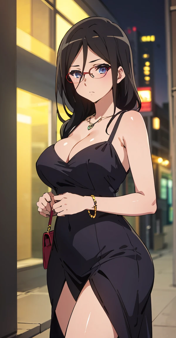 solo, 1girl, looking at viewer, sketch, flat colors, 2D, anime, anime coloring , asuka tanaka, large breast, long hair, black hair , mature woman, 20y, purple eyes, beautiful eyes, detailed eyes, thick_thighs, dress, long dress, cleavage, city, night, outside, looking at viewer, jewelry,