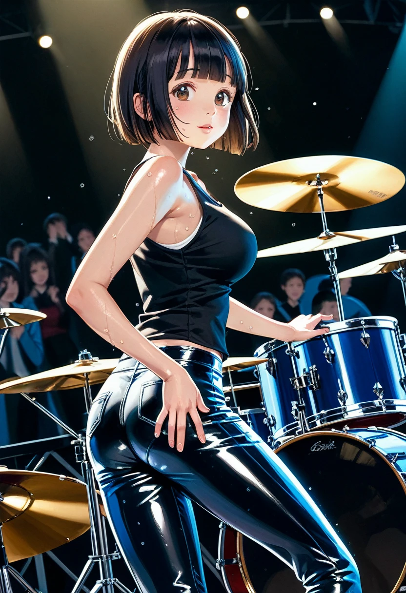 score_9,score_8_up,score_7_up,masterpiece,best quality, source anime, realistic, super detailed, extreme detailed, rating_safe,
1girl, playing drums, from behind,
BREAK girl, 22yo, short hair, bob cut, (blunt bangs), black hair, (tareme, detailed cute brown eyes), curled eyelashes, (large breasts:0.9),
shiny hair, beautiful detailed eyes, beautiful face,
slender, small ass, slim legs,
tank top, tight leather pants, (sweat:1.3),
on stage, live stage, Flashy lighting, audience,