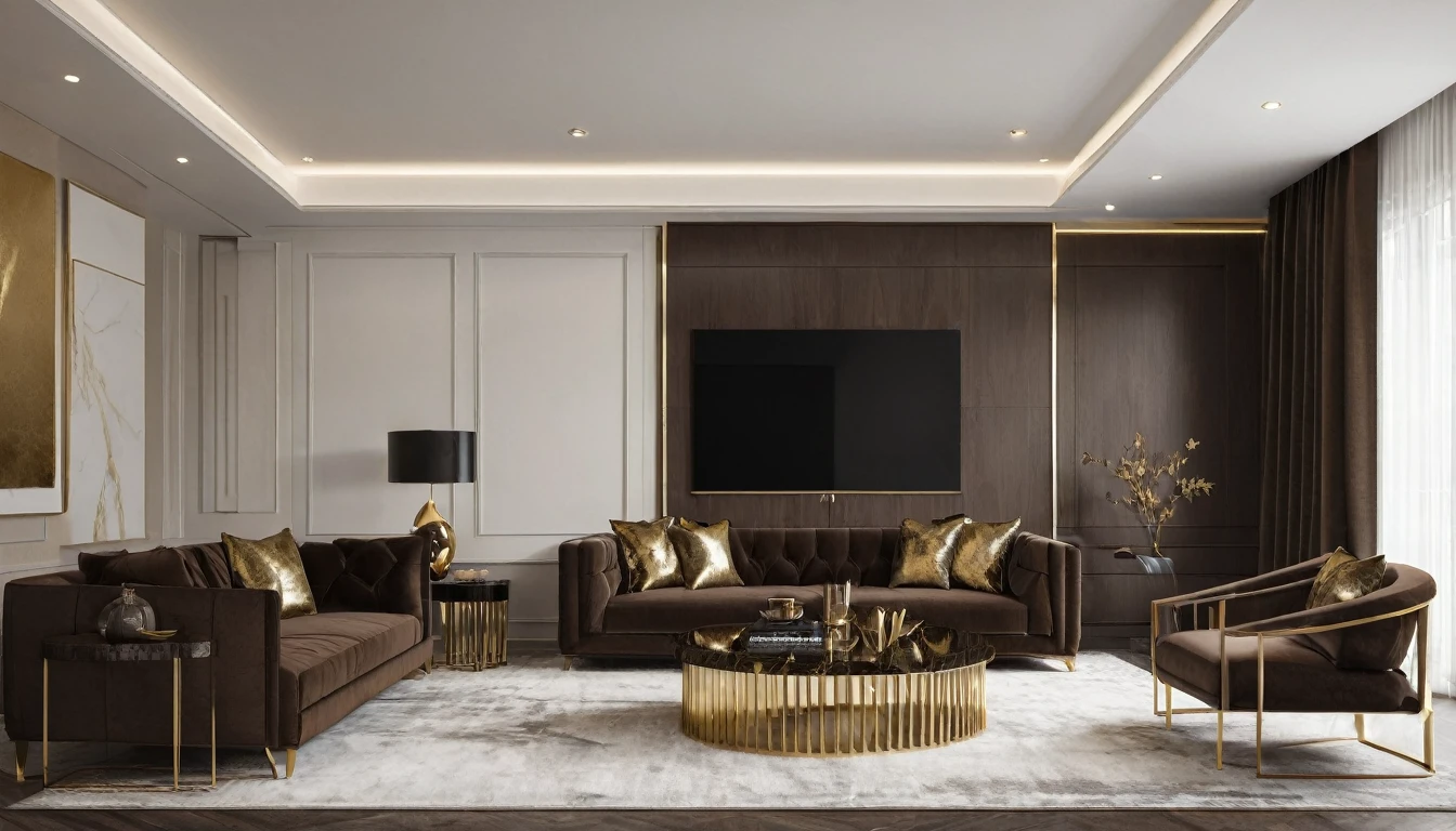 A highly detailed, high-resolution render of a luxurious living room featuring premium MDF furniture in rich coffee brown tones accented with striking gold highlights. The focus is on the coffee brown MDF sofa with plush cushions, highlighting its texture and design. Surround the sofa with a coffee brown MDF coffee table with golden legs and intricate detailing, along with a coffee brown MDF TV console with gold handles. Capture the elegant gold-accented artwork on the walls and the modern recessed ceiling lights, ensuring a sharp, clear image with depth of field (DOF) to emphasize the luxury and opulence of the space. Ensure the flooring is visible, showcasing the dark hardwood.
