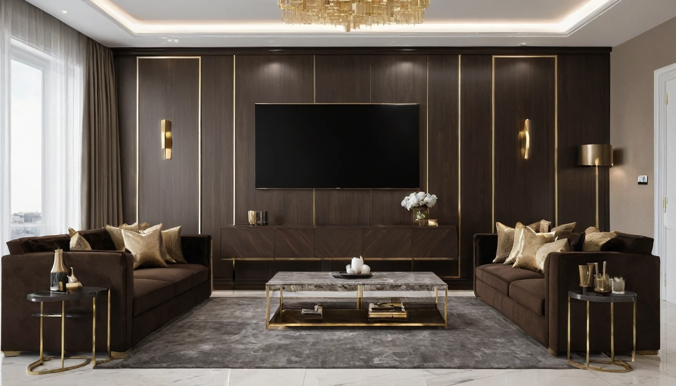 A highly detailed, high-resolution render of a luxurious living room featuring premium MDF furniture in rich coffee brown tones accented with striking gold highlights. The focus is on the coffee brown MDF sofa with plush cushions, highlighting its texture and design. Surround the sofa with a coffee brown MDF coffee table with golden legs and intricate detailing, along with a coffee brown MDF TV console with gold handles. Capture the elegant gold-accented artwork on the walls and the modern recessed ceiling lights, ensuring a sharp, clear image with depth of field (DOF) to emphasize the luxury and opulence of the space. Ensure the flooring is visible, showcasing the dark hardwood.
