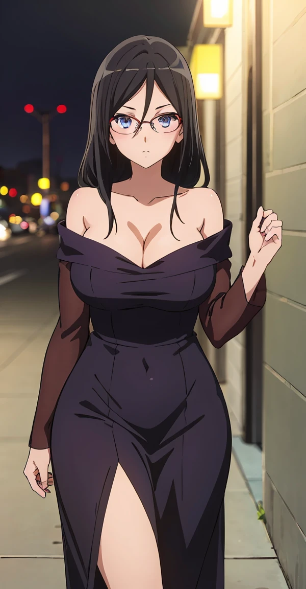 solo, 1girl, looking at viewer, sketch, flat colors, 2D, anime, anime coloring , asuka tanaka, large breast, long hair, black hair , mature woman, 20y, purple eyes, beautiful eyes, detailed eyes, thick_thighs, dress, long dress, cleavage, city, night, outside, looking at viewer 