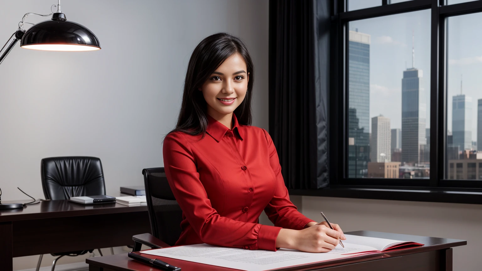 a beautiful girl in a professional office setting, black hair, looking at viewer, elegant red business attire, (red business dress), gentle expression, full smile, professional and efficient, office supplies, warm lighting, photorealistic, highly detailed, cinematic composition, dramatic lighting, color grading, Rembrandt lighting