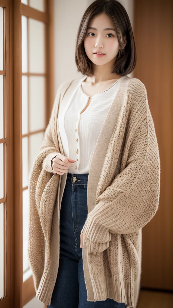 Graceful young Japanese woman wearing Blouse and cardigan of Japanese ,nogizaka46,fat, body positive, 36B, high resolution. The attire subtly accentuates a full figure akin to Jennifer Lopez or Kate Upton,showcasing confidence and charm. Minimal yet tasteful skin exposure, highlighting poise and allure --s 750 --v 6.0