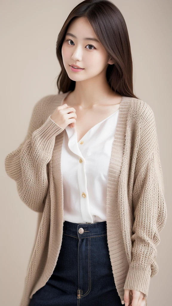 Graceful young Japanese woman wearing Blouse and cardigan of Japanese ,nogizaka46,fat, body positive, 36B, high resolution. The attire subtly accentuates a full figure akin to Jennifer Lopez or Kate Upton,showcasing confidence and charm. Minimal yet tasteful skin exposure, highlighting poise and allure --s 750 --v 6.0