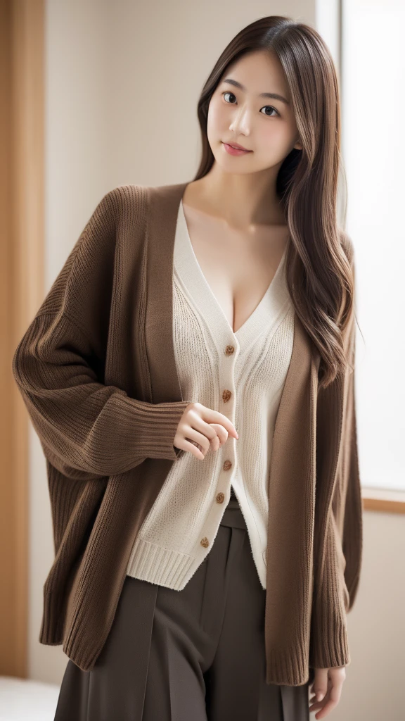 Graceful young Japanese woman wearing Blouse and cardigan of Japanese ,nogizaka46,fat, body positive, 36B, high resolution. The attire subtly accentuates a full figure akin to Jennifer Lopez or Kate Upton,showcasing confidence and charm. Minimal yet tasteful skin exposure, highlighting poise and allure --s 750 --v 6.0