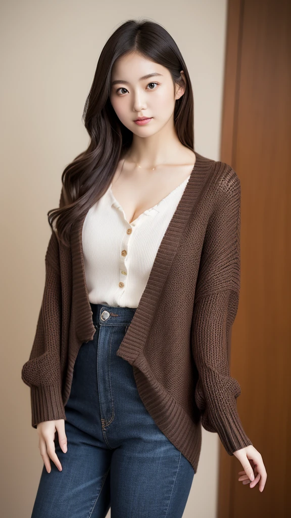 Graceful young Japanese woman wearing Blouse and cardigan of Japanese ,nogizaka46,fat, body positive, 36B, high resolution. The attire subtly accentuates a full figure akin to Jennifer Lopez or Kate Upton,showcasing confidence and charm. Minimal yet tasteful skin exposure, highlighting poise and allure --s 750 --v 6.0