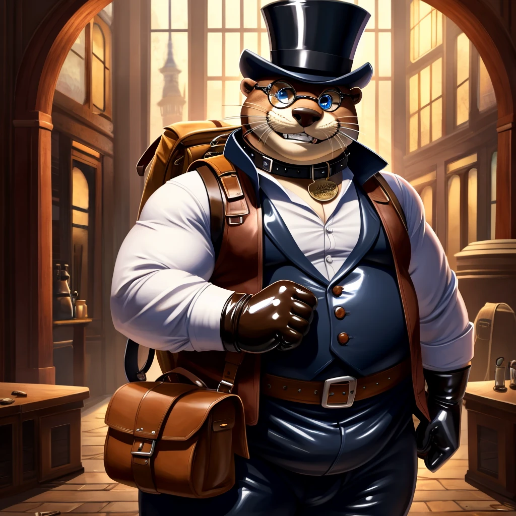Solo, Male, fat, extremely obese, gentleman, dapper Professor Otter, blue eyes, (posing:1.3), (soft shading), 4k, hi res, ((detailed face, detailed)), looking at viewer, evil grin, steampunk, collared shirt with buttons, top hat, male focus, Explorer Outfit, glasses, monocle, bag, vest with buttons, backpack, sleeves rolled up, round eyewear, brown headwear, brown vest, Otter is wearing a glossy leather dog collar around the neck, Otter is wearing the leather collar and shirt and vest at the same time, Otter is wearing glossy white rubber gloves on the hands, wearing white rubber gloves on the feet, gloves are rubber in texture, clenching teeth, clenching fists, leather collar is glossy and shiny with a lot of detail, Otter is wearing gloves and leather collar at the same time, leather collar has a round dog-tag, leather collar is thick and detailed.