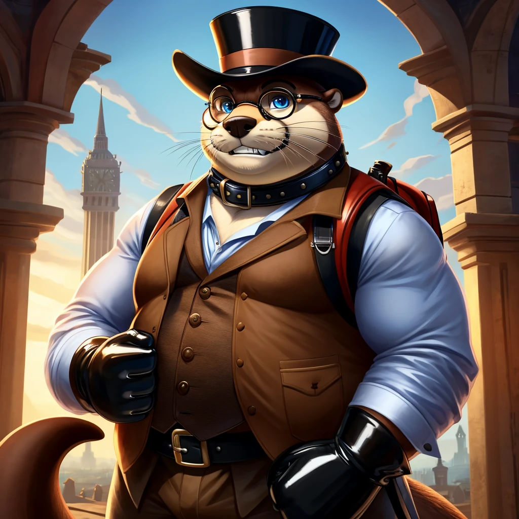 Solo, Male, fat, extremely obese, gentleman, dapper Professor Otter, blue eyes, (posing:1.3), (soft shading), 4k, hi res, ((detailed face, detailed)), looking at viewer, evil grin, steampunk, collared shirt with buttons, top hat, male focus, Explorer Outfit, glasses, monocle, bag, vest with buttons, backpack, sleeves rolled up, round eyewear, brown headwear, brown vest, Otter is wearing a glossy leather dog collar around the neck, Otter is wearing the leather collar and shirt and vest at the same time, Otter is wearing glossy white rubber gloves on the hands, wearing white rubber gloves on the feet, gloves are rubber in texture, clenching teeth, clenching fists, leather collar is glossy and shiny with a lot of detail, Otter is wearing gloves and leather collar at the same time, leather collar has a round dog-tag, leather collar is thick and detailed.
