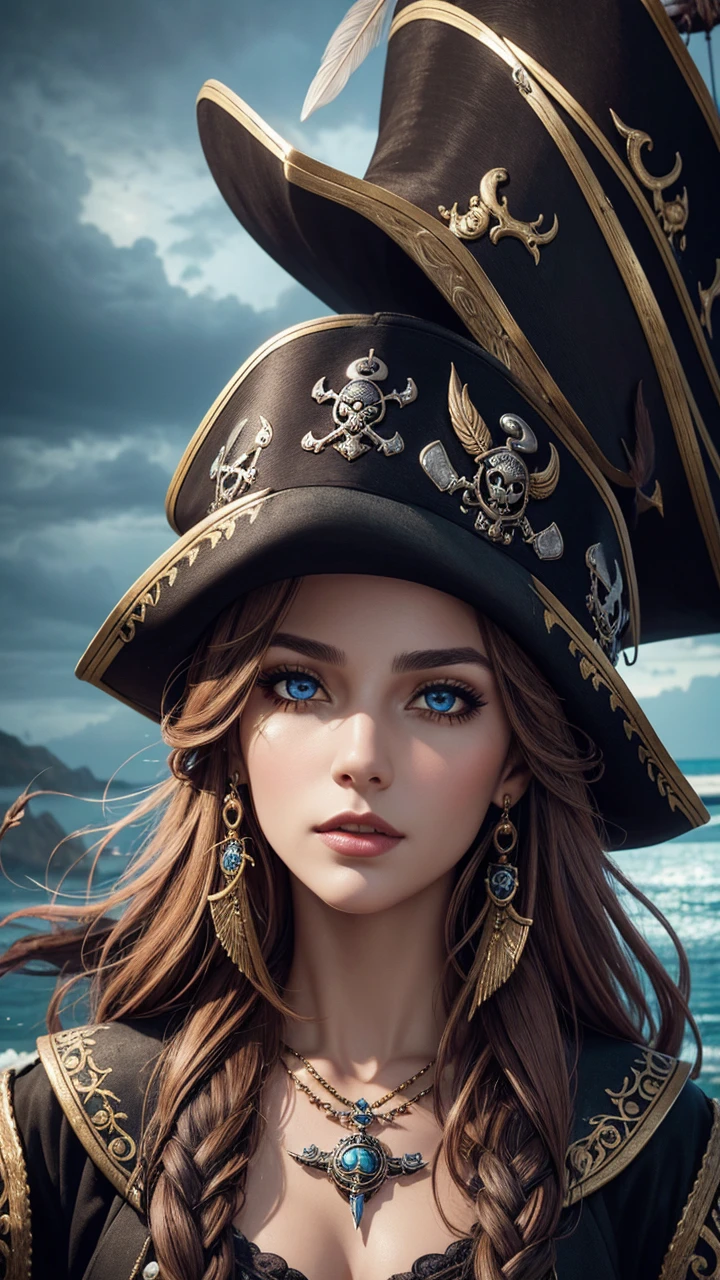 beautiful female pirate with hat, pirate captain, detailed face, beautiful eyes, full lips, long eyelashes, ornate pirate hat, feather in hat, intricate pirate outfit, embroidered coat, shiny jewelry, holding sword, stormy sea background, dramatic lighting, cinematic, vibrant colors, highly detailed, photorealistic
