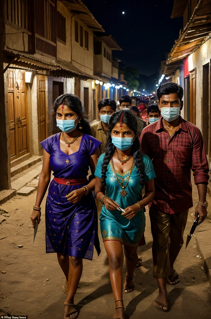 ((best quality)), ((masterpiece)), (detailed), perfect face. a group of telugu male village people looks very terrific in black dress
robberers entering into a village street in the night having anti smoke face masks and knifes in the hands to rob the village