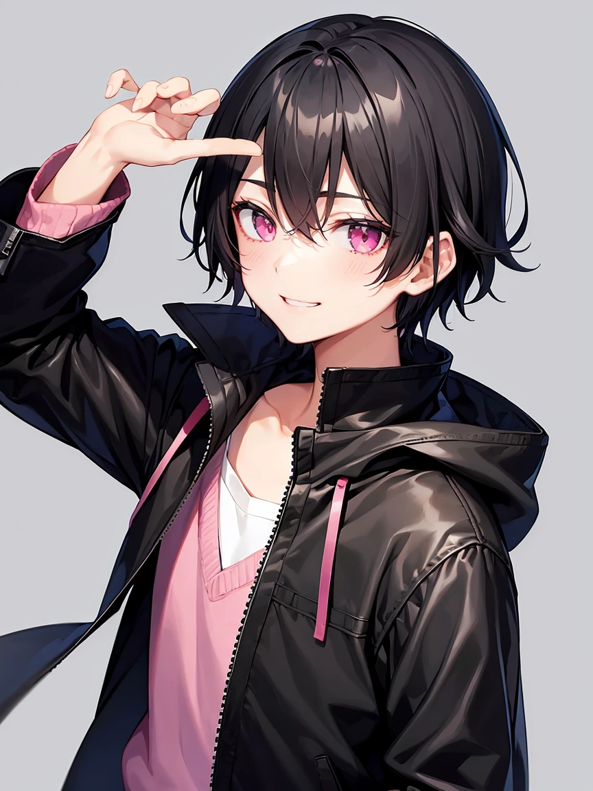 Short black hair、Pink eyes、Shota、male:1.5、solo、jet black duffle coat、Black clothing、Wicked Smile、Black trousers