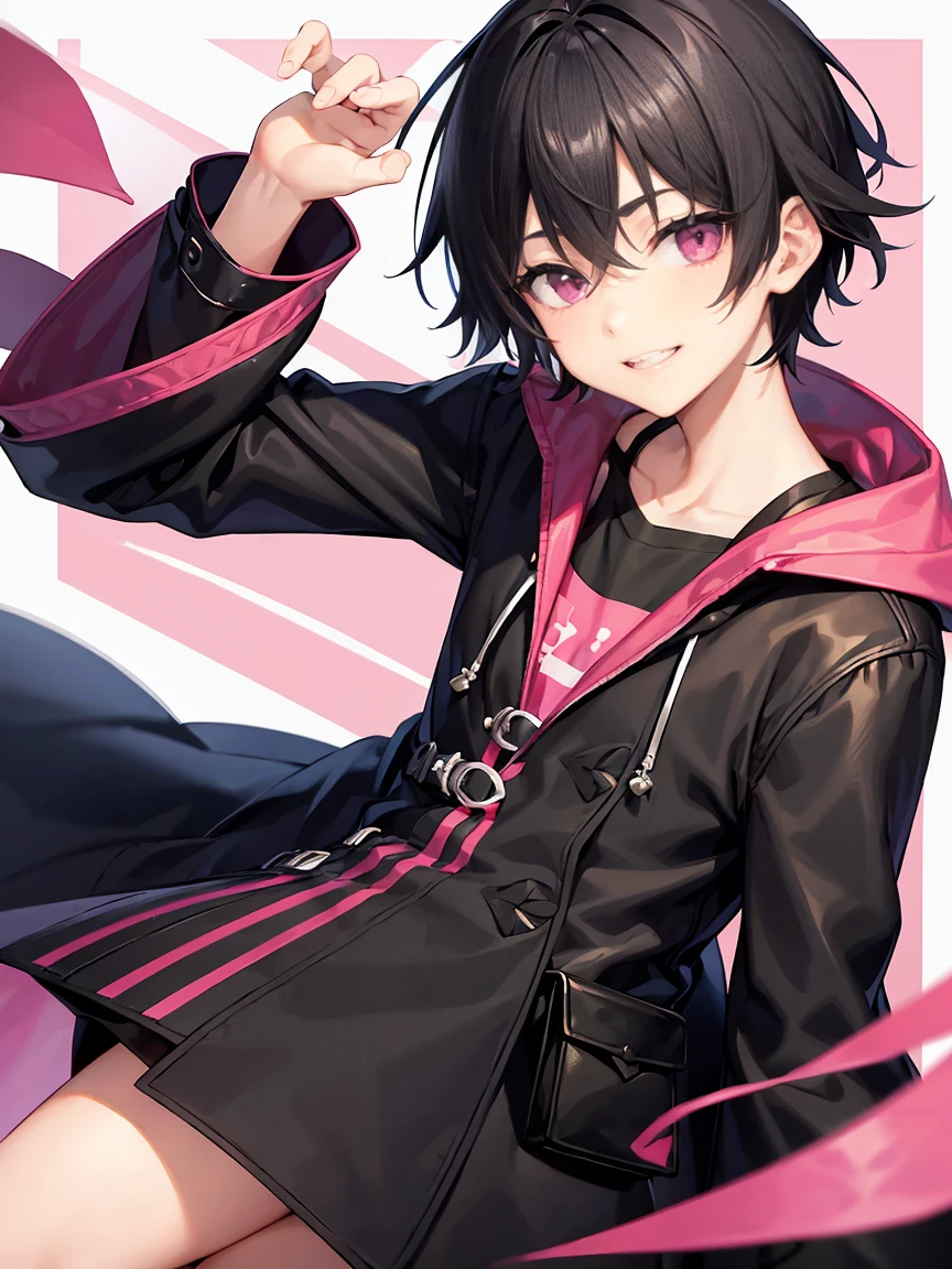 Short black hair、Pink eyes、Shota、male:1.5、solo、jet black duffle coat、Black clothing、Wicked Smile、Black trousers