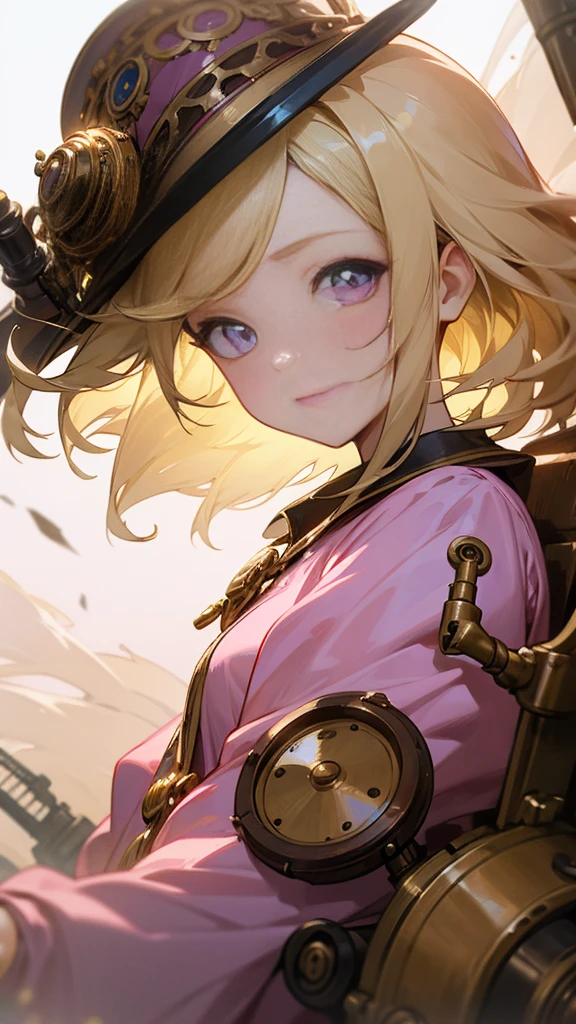 Highest quality、 masterpiece、Upper body close-up、 woman、Windblown Blonde、Shining Eyes、steampunk、collective phobia、Light clothing、Pink clothes