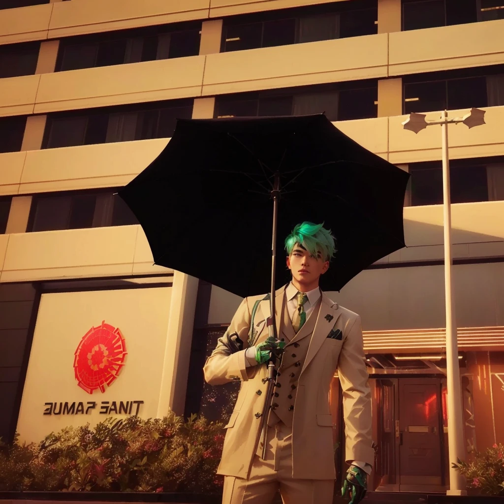 there is a man with green hair and a suit holding an umbrella, tokusatsu suit vaporwave, standing with a parasol, 2020 video game screenshot, an elf in a suit, ferred - themed robes and hat, highly aesthetic, realistic shot, trench coat and suit, 2b, 2 b, in game, fashion gameplay screenshot, payday 2