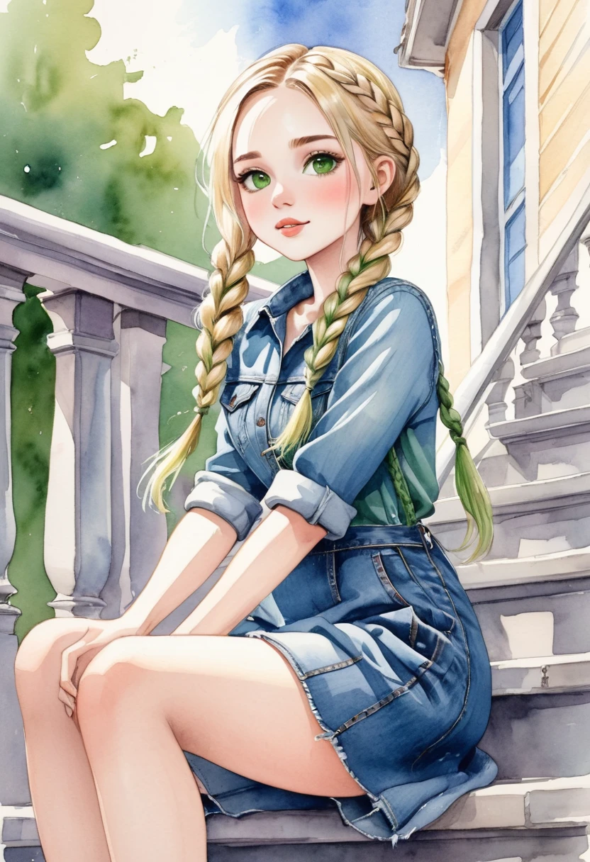 watercolor drawing, a beautiful with blonde hair and green eyes, She wears denim dress, she wears braids in her hair, she is sitting on a stair railing, legs open, she seems to be having fun